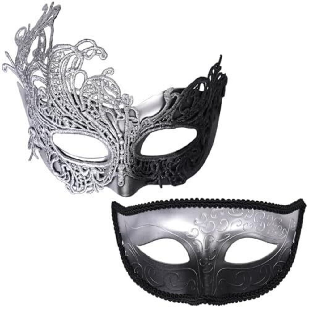 3926 Couples Masquerade Masks Set - 2 Pcs Halloween Silver Black Antique